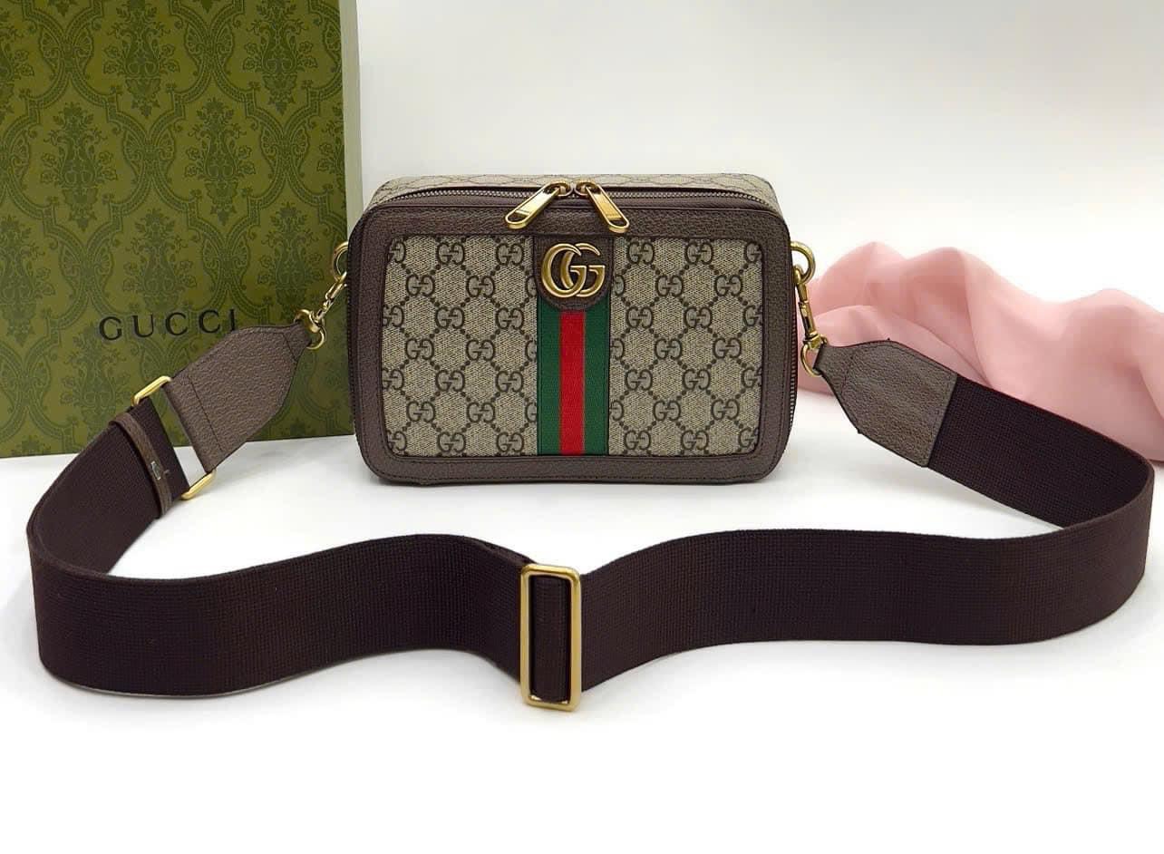 Túi hộp đeo chéo Gucci GC Nâu họa tiết monogram logo GG kẻ sọc Xanh Đỏ size 23x7.5x14.5cm Like Auth on web fullbox bill thẻ PLD